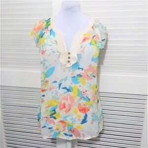 Sanctuary Top Sheer & Floaty Colorful‎ Floral Top with Crochet Neckline Large
